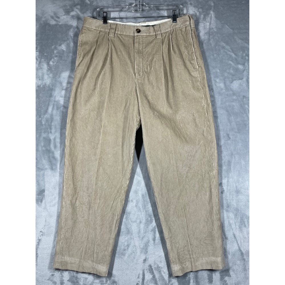LL Bean Comfort Waist Corduroy Pants Khaki Pleated Wide Whale Flap Pockers 35x28
